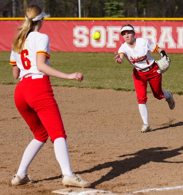 Divine Savior Holy Angels second baseman Tessa Grogan (1) tosses to Amanda Delcore (6) for an out during the game at Sussex Hamilton on Tuesday, April 9, 2024.