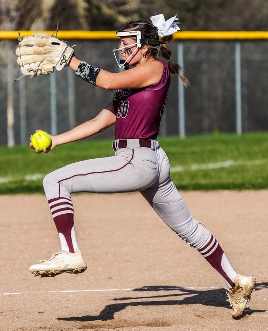 Menomonee Falls' Kaeley Niemiec (50) winds up during the game at Brookfield Central, Monday, April 15, 2024.