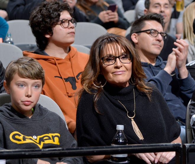 Sarah Palin watches the San Antonio Spurs play against the Denver Nuggets on March 4, 2019, at the AT&T Center in San Antonio, Texas.