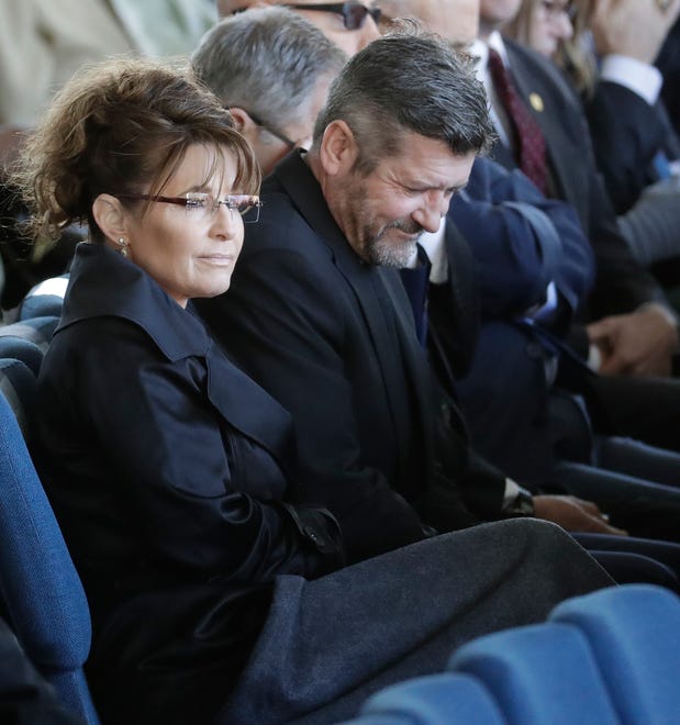 Former Alaska Gov. Sarah Palin listens to a sermon during a funeral service at the Billy Graham Library for the Rev. Billy Graham on March 2, 2018, in Charlotte, N.C.