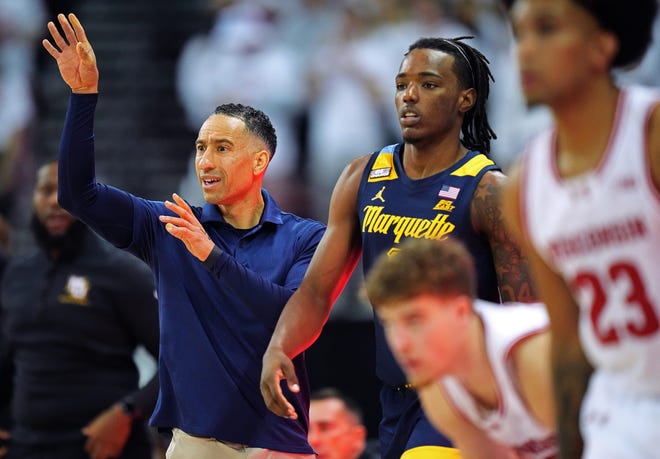 Marquette head coach Shaka Smart is shown during the first half of their game December 2, 2023 at the Kohl Center in Madison, Wisconsin. Wisconsin beat Marquette 75-64.